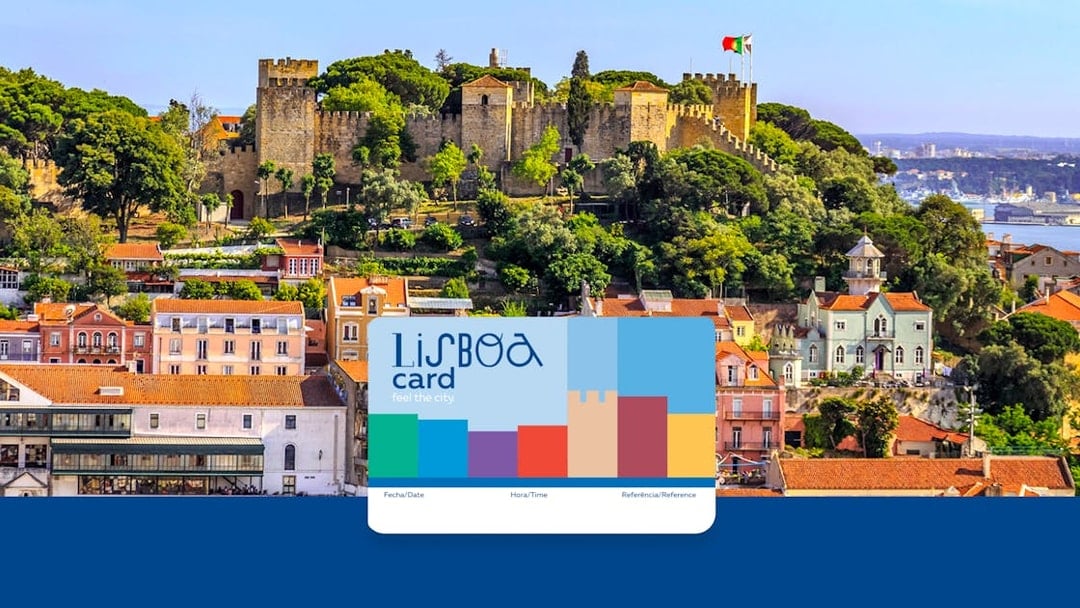 Lisbon skyline with São Jorge Castle and Lisboa Card in foreground.