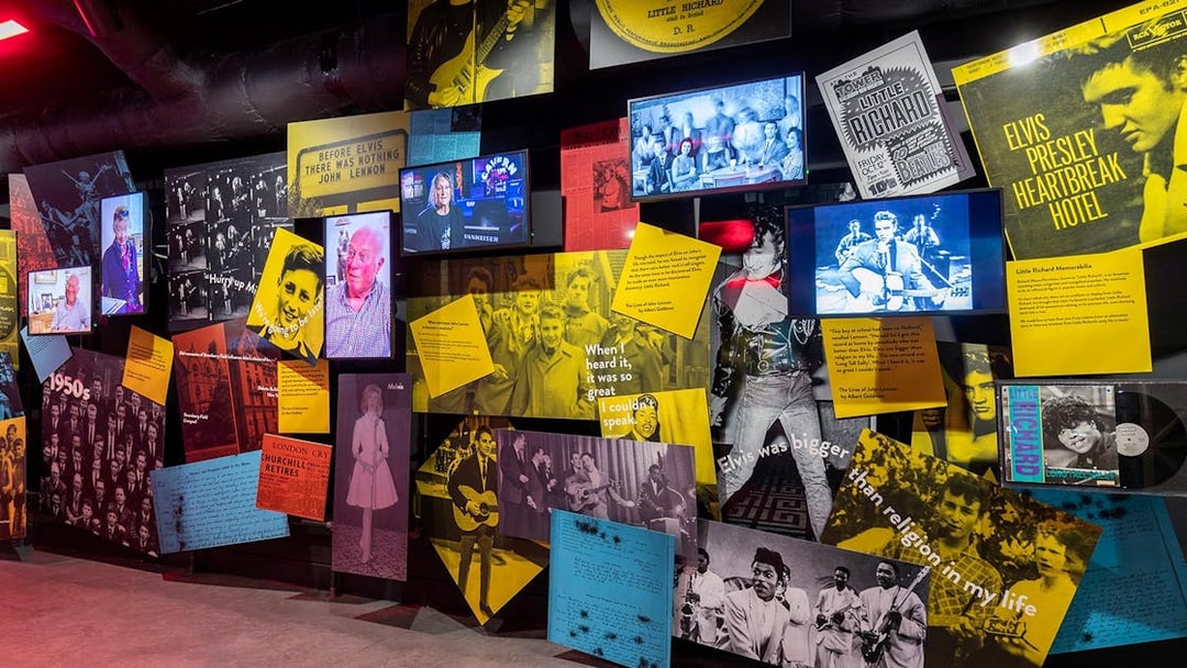 Liverpool music history exhibit featuring Elvis Presley and Little Richard memorabilia.