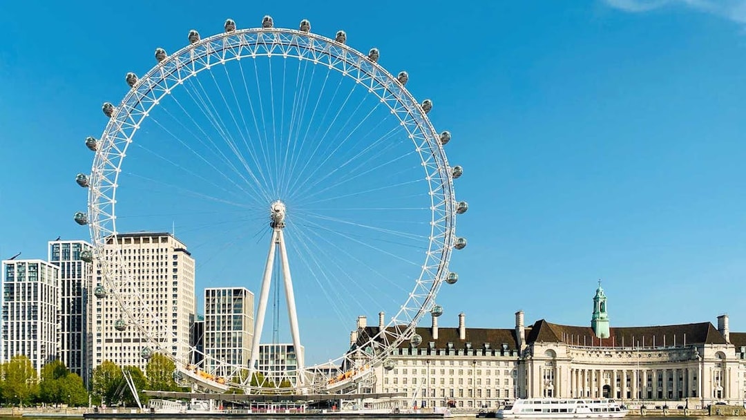 London Eye and River Thames on a sunny day, part of BigBus London tour.