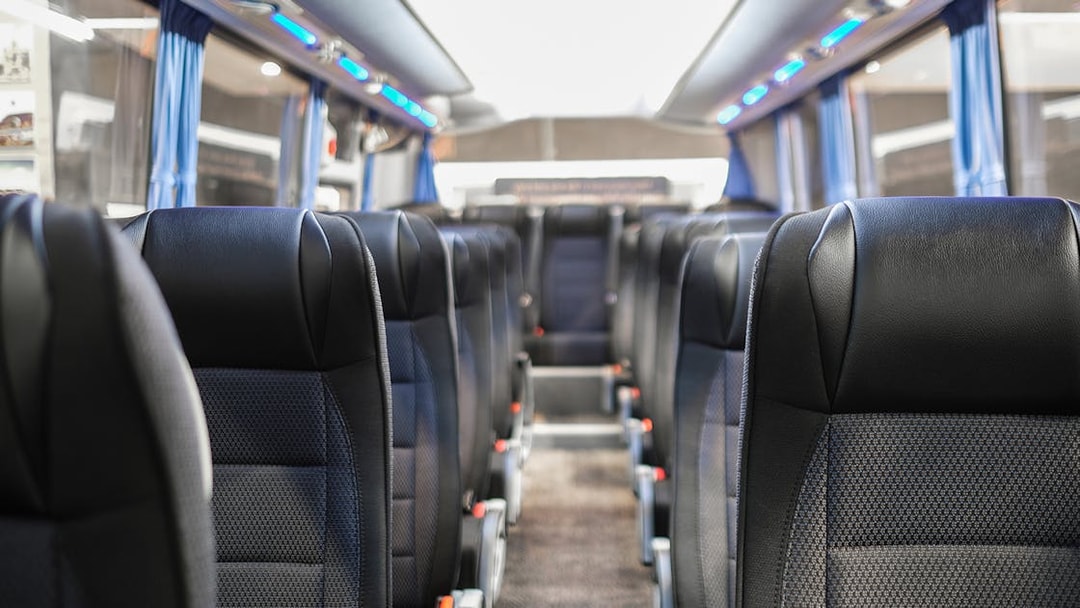 Interior of a tour bus used for Stonehenge excursions with audio guide.