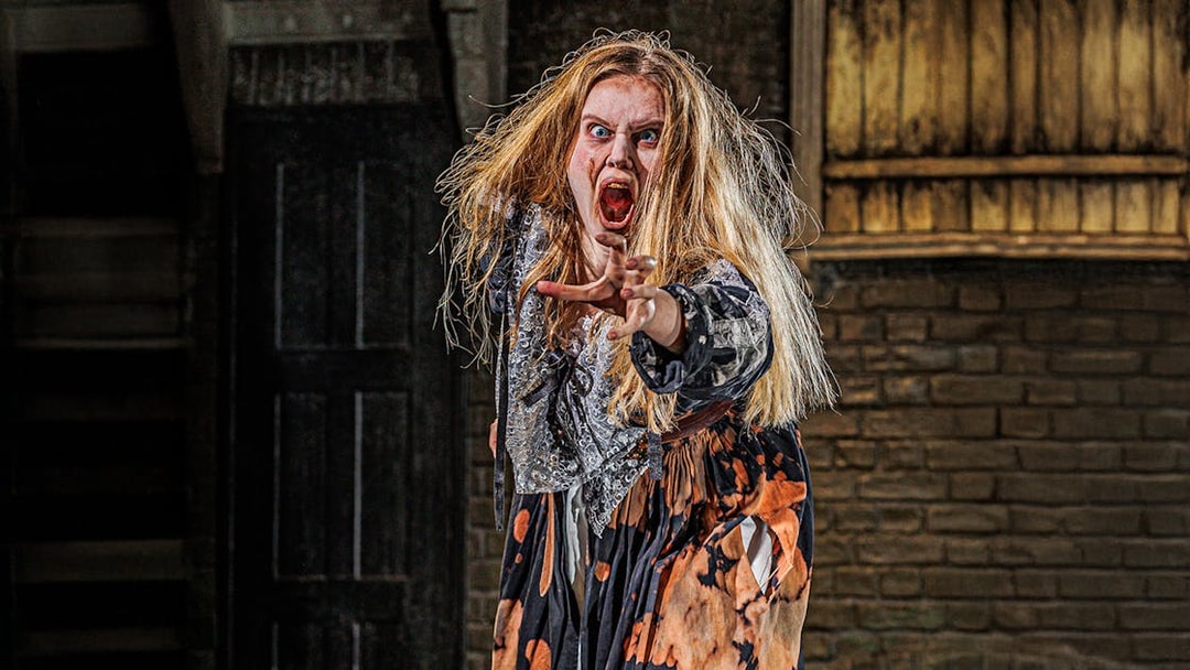 Actor in costume performing at London Dungeon attraction.