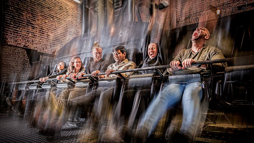 Visitors experiencing the Drop Dead Ride at London Dungeon.