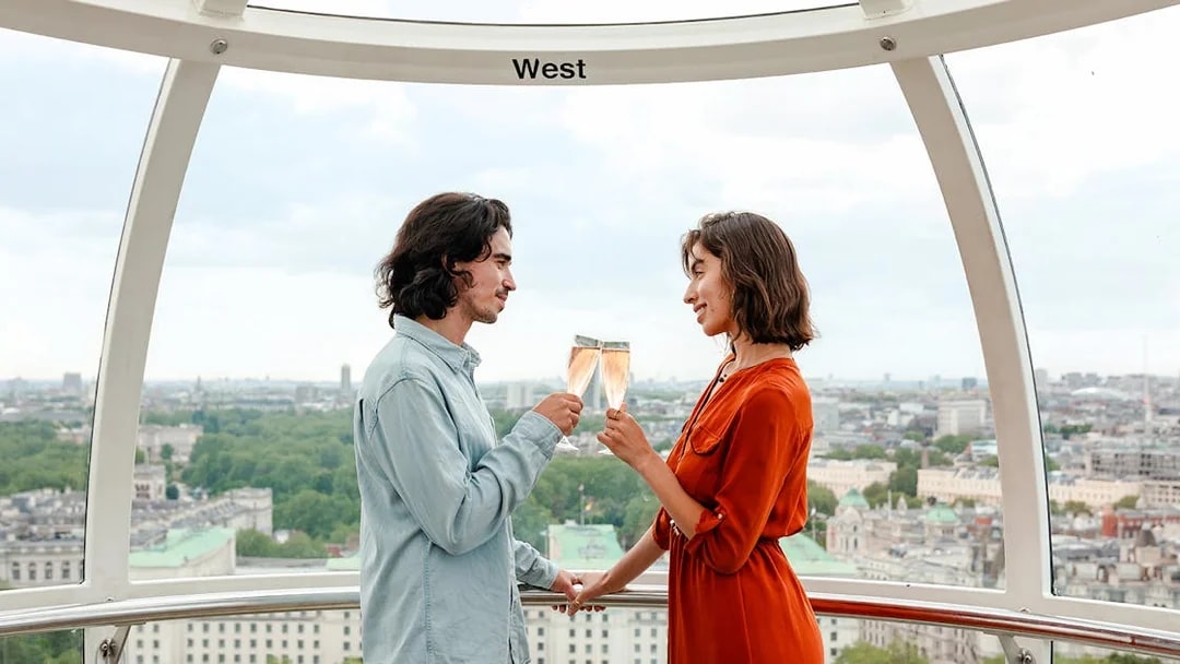 Couple toasting with champagne inside the London Eye capsule, overlooking cityscape.