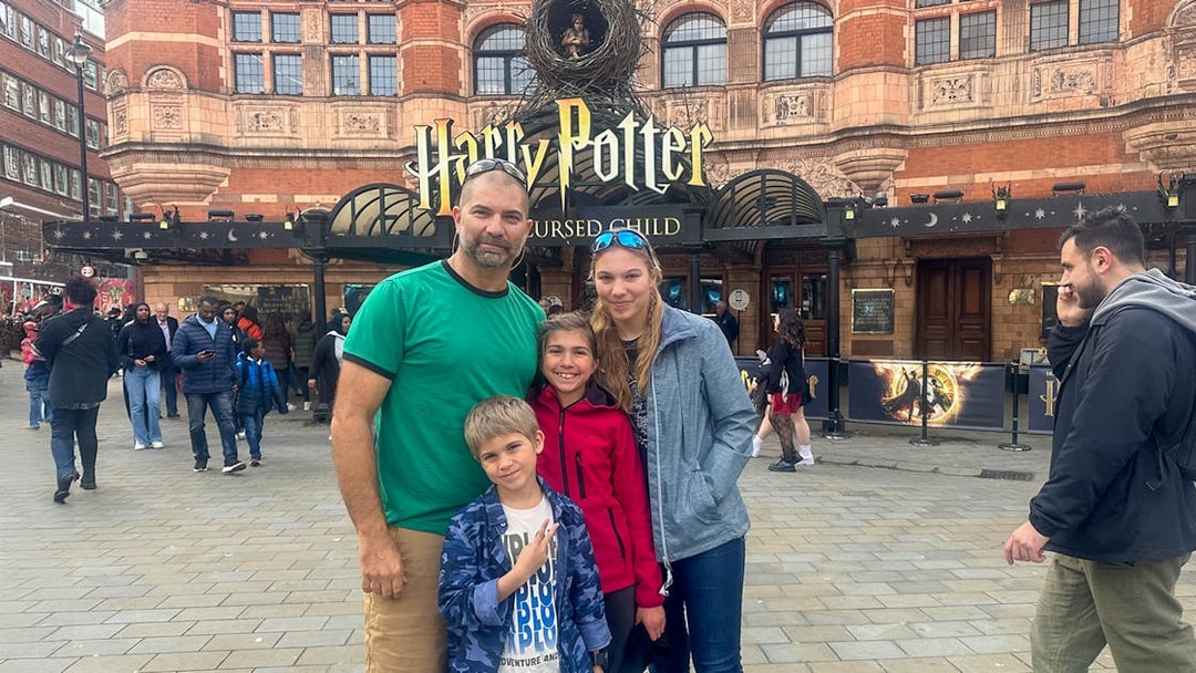 Cambridge Theater entrance with Harry Potter and the Cursed Child signage.