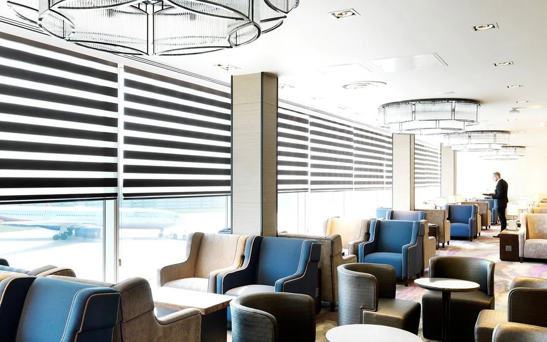 Plaza Premium Lounge seating area at Terminal 4, London Heathrow Airport.