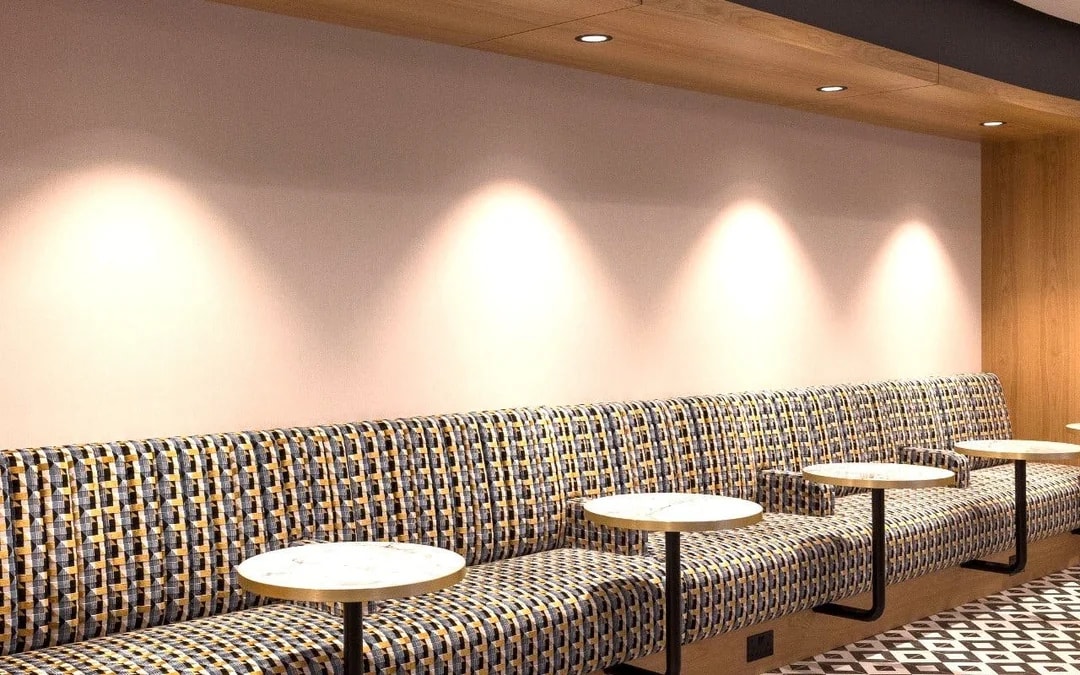Seating area in Plaza Premium Lounge, Terminal 4, London Heathrow Airport.