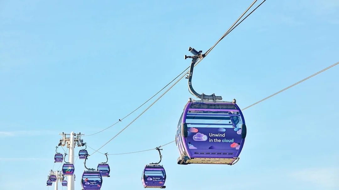 IFS Cloud Cable Car in London against a clear blue sky.