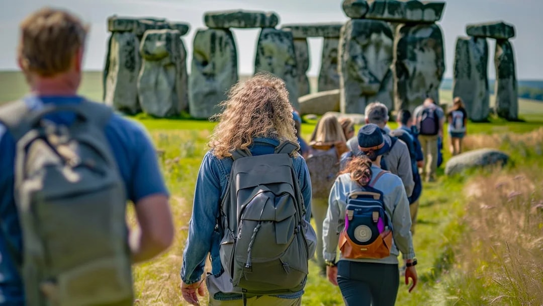 Tourists walking towards Stonehenge in Wiltshire, England.