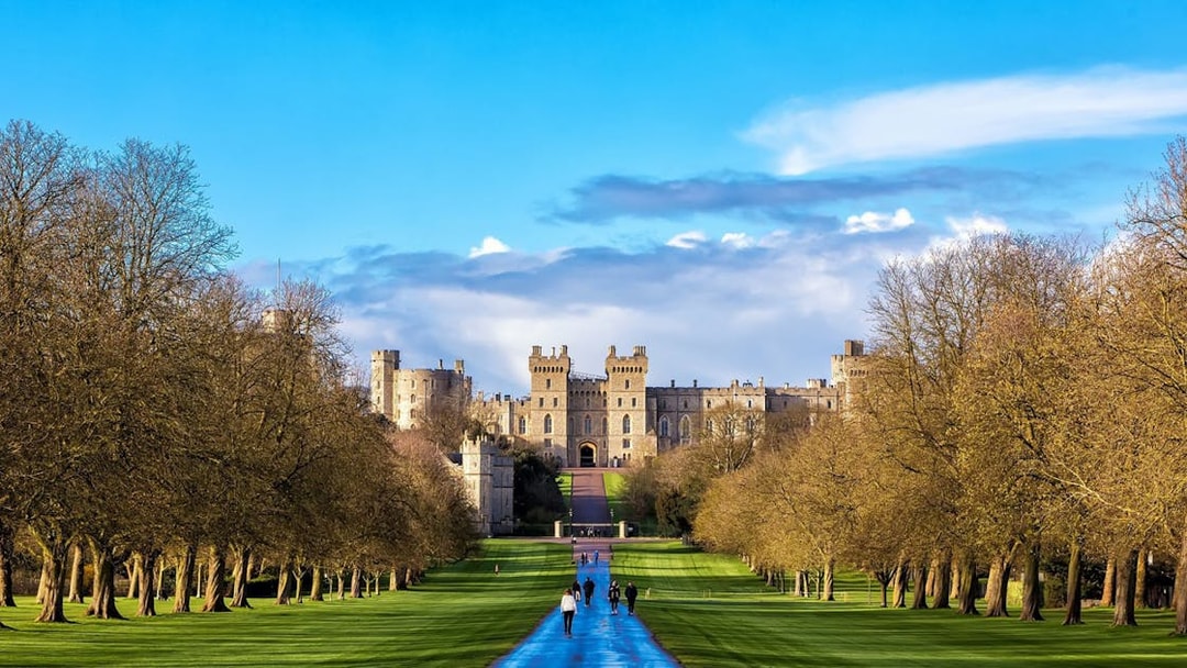 Windsor Castle view with visitors walking along the Long Walk path.