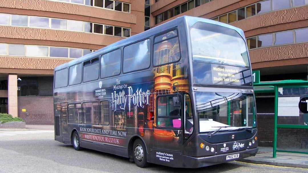 Double-decker bus for Harry Potter Studio Tour at Watford Junction.