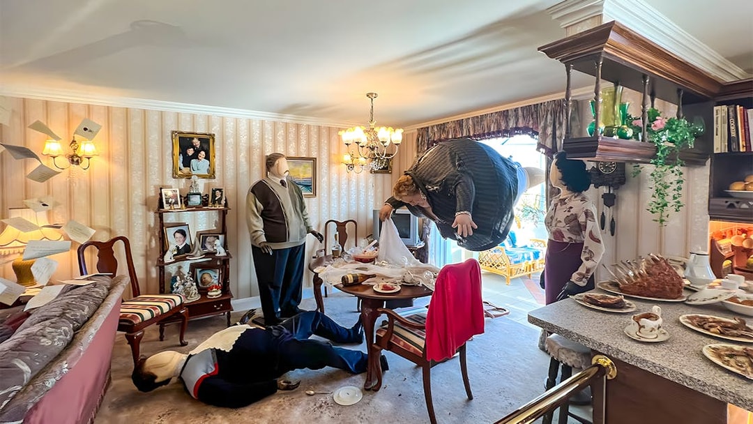 Dursley living room scene with floating Aunt Marge at Harry Potter London tour exhibit.