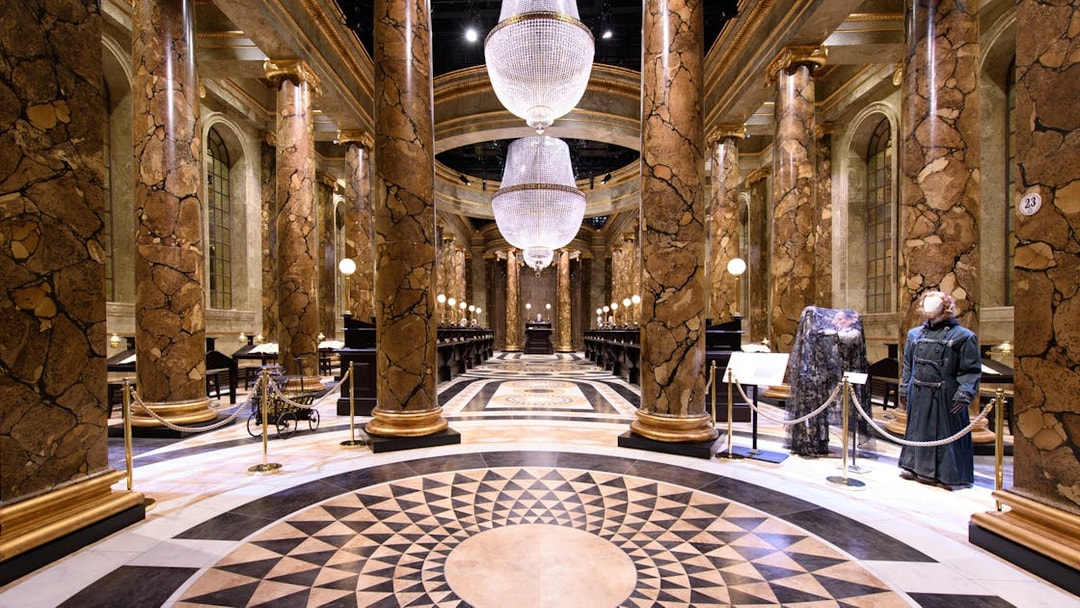 Gringotts Wizarding Bank interior at Harry Potter Warner Bros. Studio Tour, London.