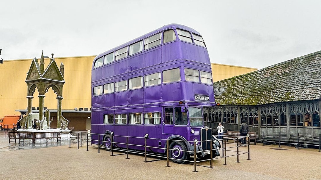 Knight Bus exhibit at Harry Potter London tour location.