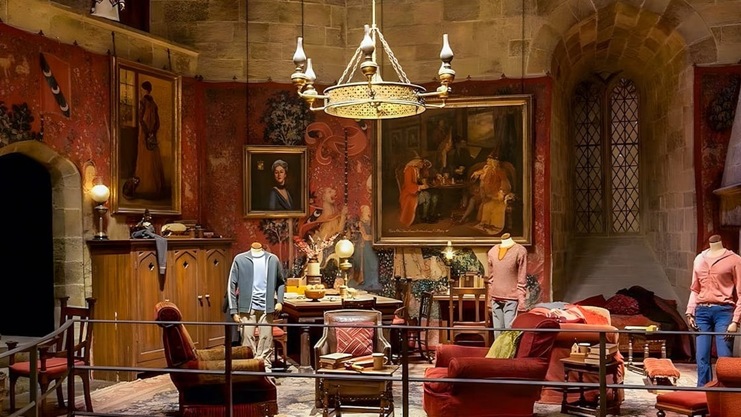 Gryffindor common room exhibit at Harry Potter London tour with costumes and decor.