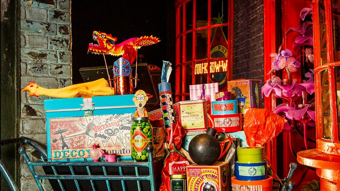 Colorful display of magical items at the Weasleys' Wizard Wheezes during Harry Potter London tour.