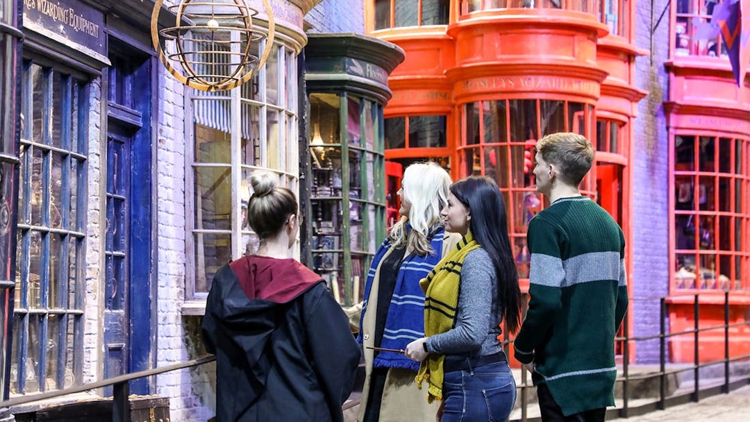 Visitors exploring Diagon Alley at The Making of Harry Potter tour.