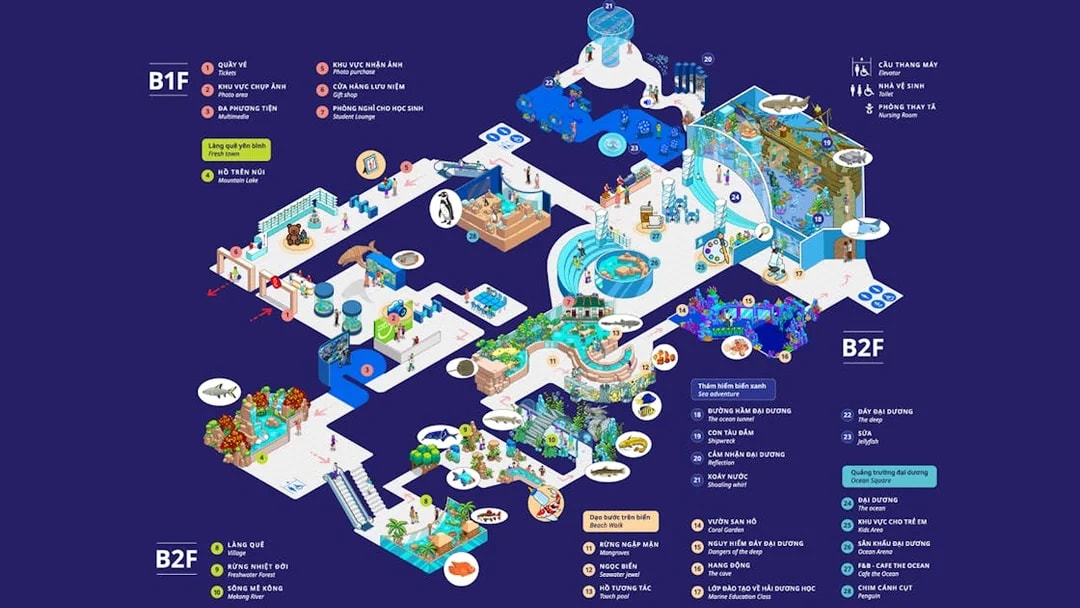 Lotte World Aquarium Hanoi map showing attractions and layout across two floors.