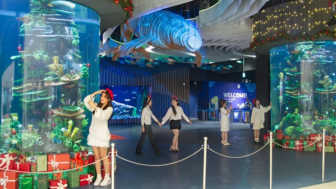 Tourists exploring Lotte World Aquarium Hanoi with festive decorations.