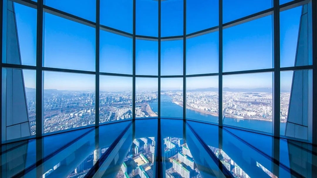 View from Lotte World Tower's Seoul Sky observatory overlooking Seoul and Han River.