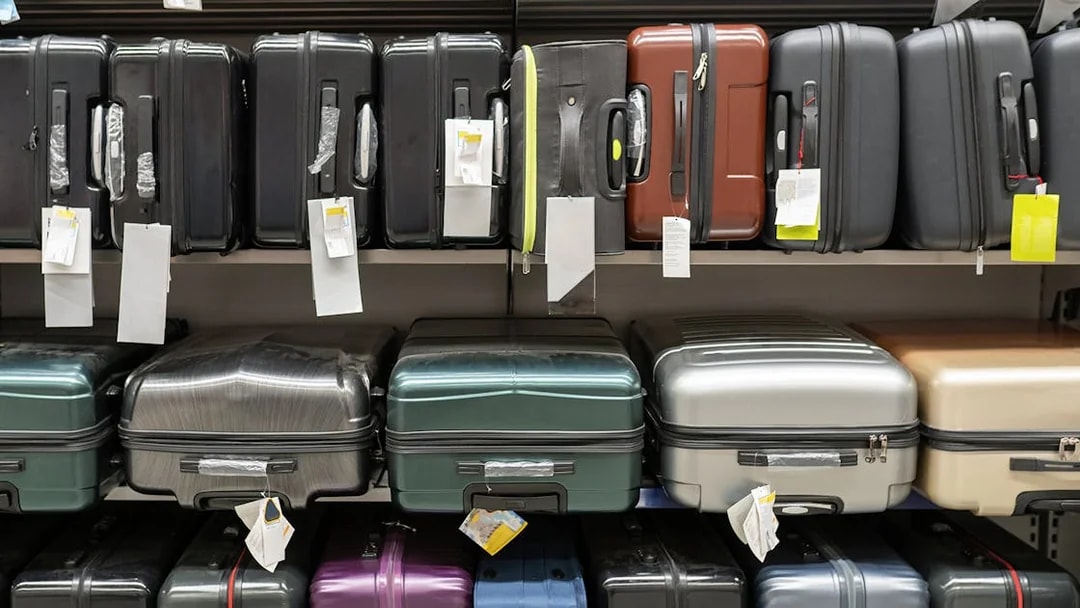 Suitcases displayed on store shelves.