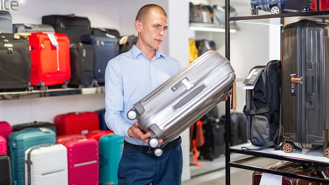 Man placing suitcase on store shelf with various luggage options.