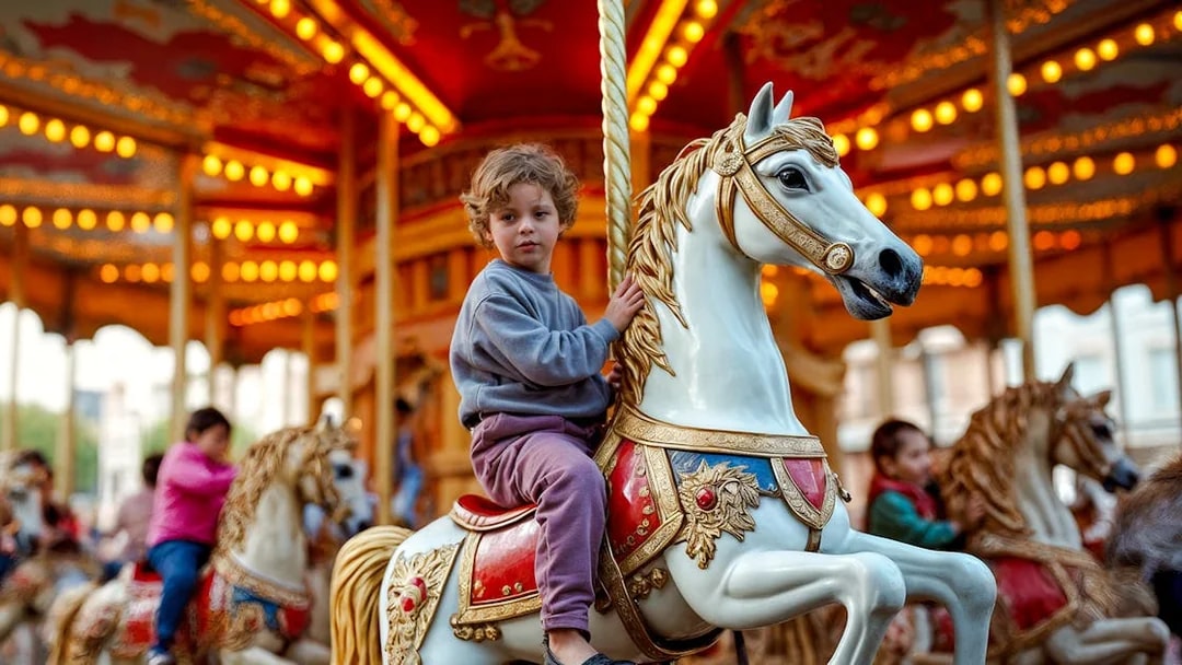 Children riding a carousel horse at Luna Park, Melbourne.