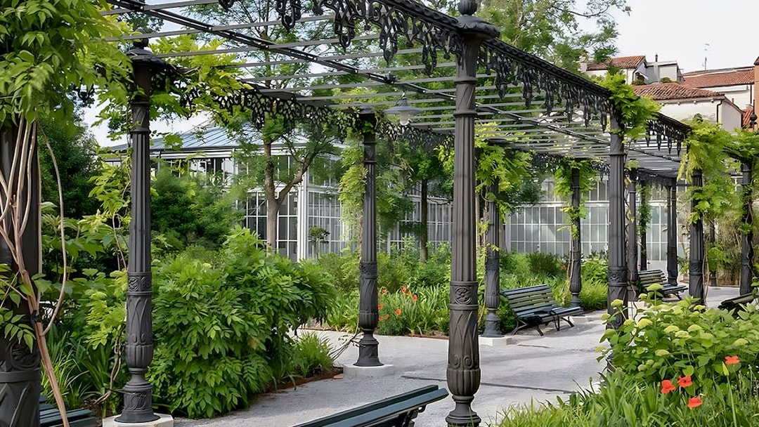 Pergola with greenery and benches in Royal Gardens near Illy Cafe.