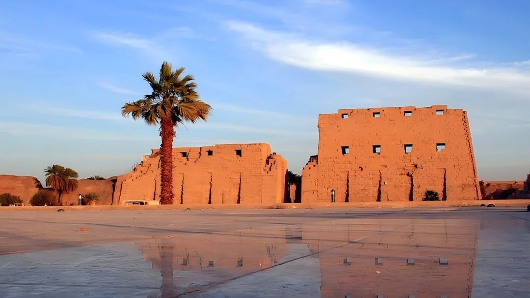 Luxor Temple ruins with palm tree and reflection on wet ground, Egypt.