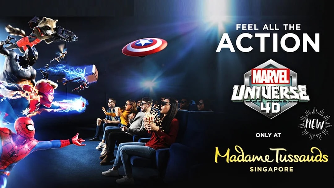 4D Marvel experience at Madame Tussauds Singapore with audience in 3D glasses.