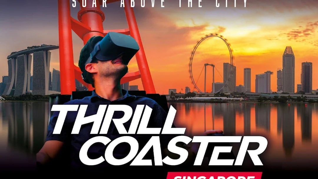 VR experience at Madame Tussauds Singapore with city skyline and Singapore Flyer in background.