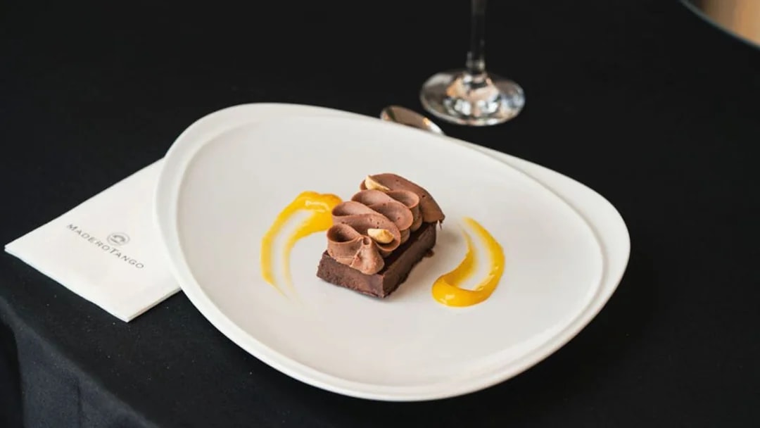 Chocolate dessert with caramel sauce at Madero Tango Show.