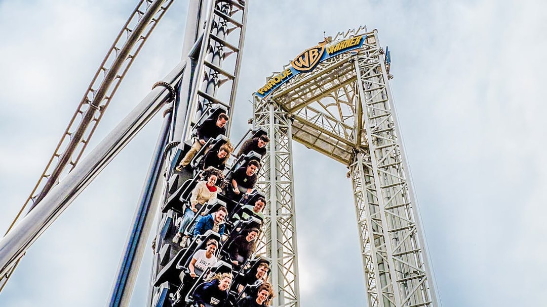 Visitors on a roller coaster at Parque Warner, Madrid.