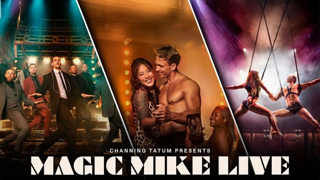 Performers on stage at Magic Mike Live show with acrobatics and dance routines.