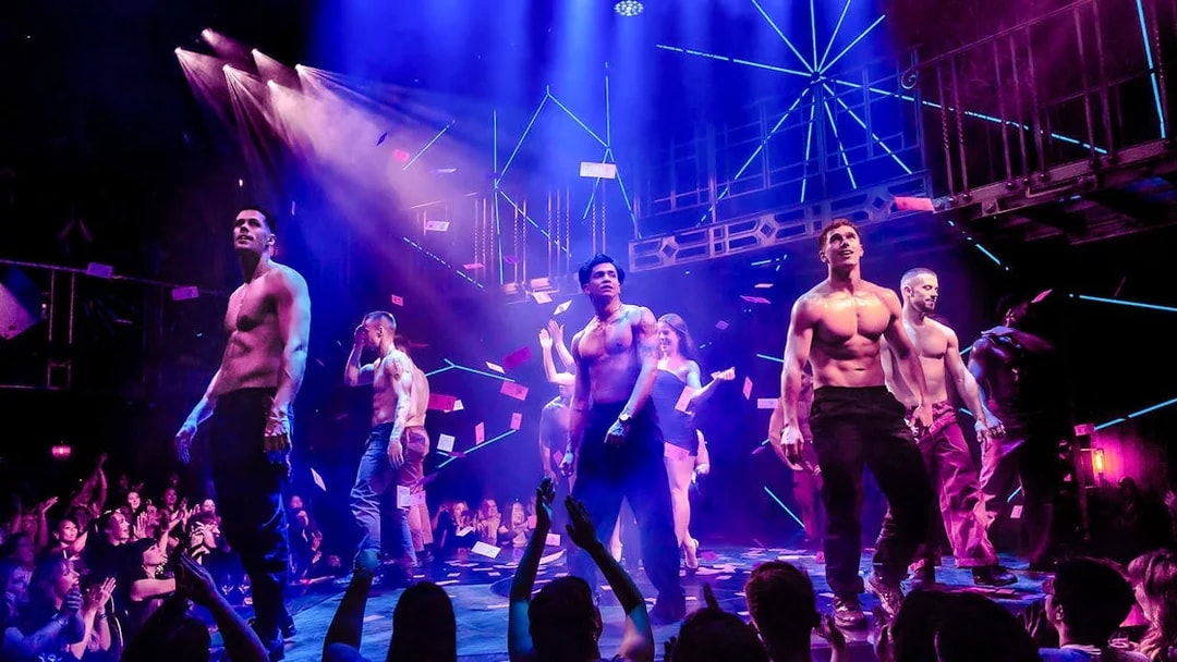 Performers on stage during Magic Mike Live show with audience in foreground.
