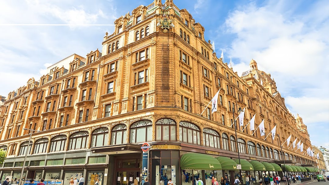 Harrods department store exterior in London, part of the Magic of London Tour.