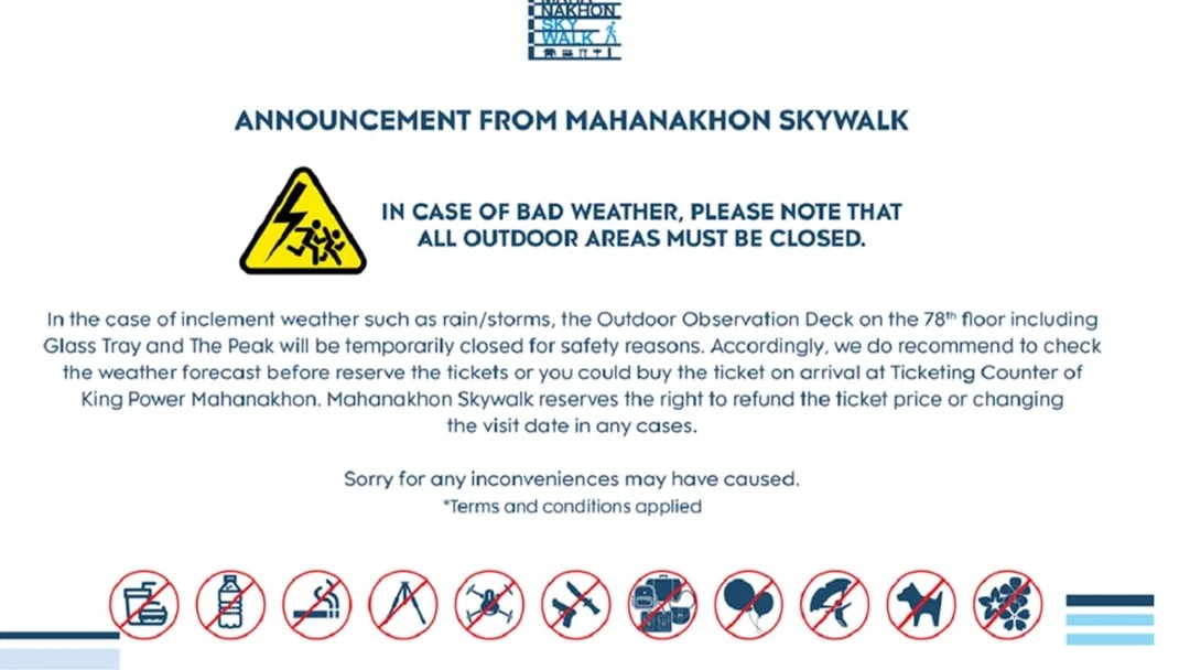 Mahanakhon SkyWalk weather closure notice for outdoor areas.