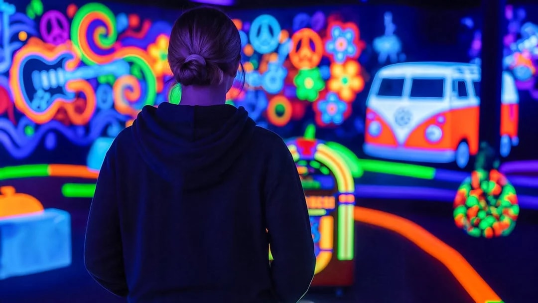 Person playing at Rock of Ages Blacklight Minigolf with neon 60s-themed decor.