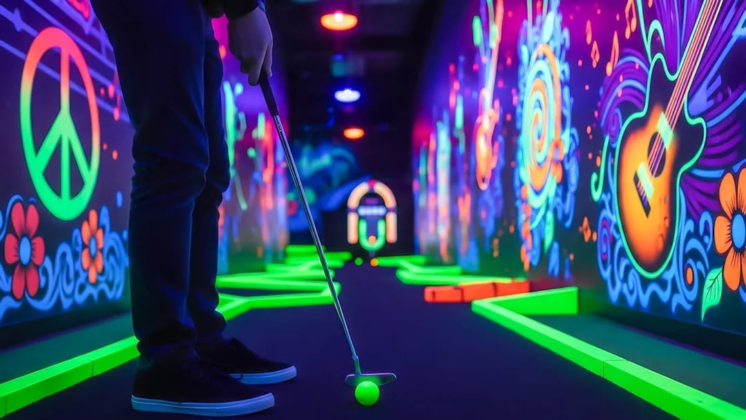 Person playing minigolf at Rock of Ages Blacklight Minigolf with neon murals.