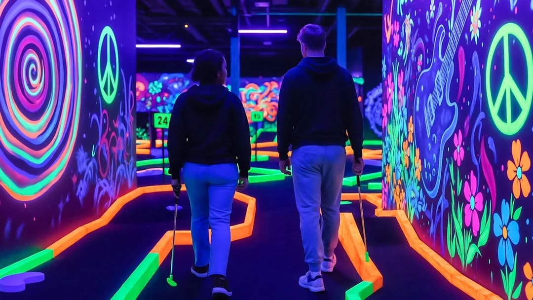 Visitors playing at Rock of Ages Blacklight Minigolf with neon graffiti walls.