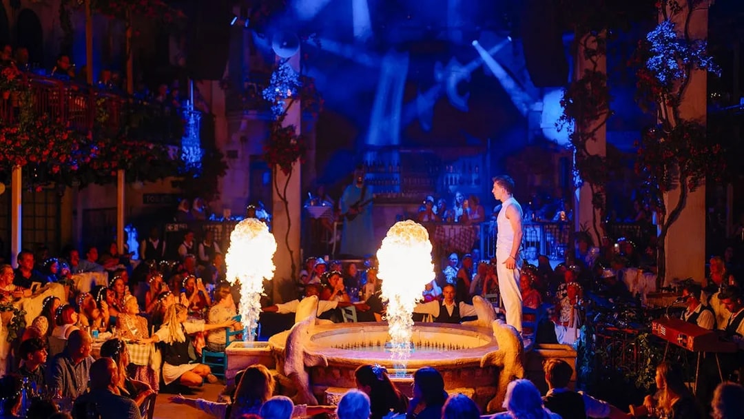 Audience enjoying a live performance with fire effects at Mamma Mia! The Party.