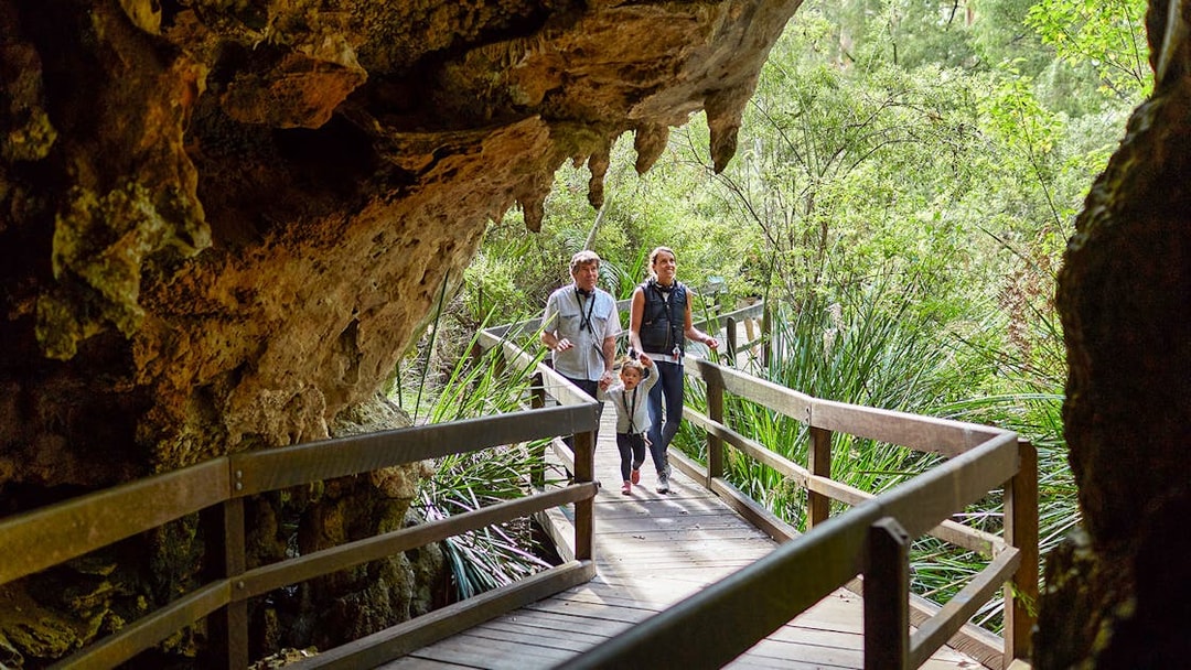 Family walking on a wooden path through Mammoth Cave, Margaret River, surrounded by lush greenery.