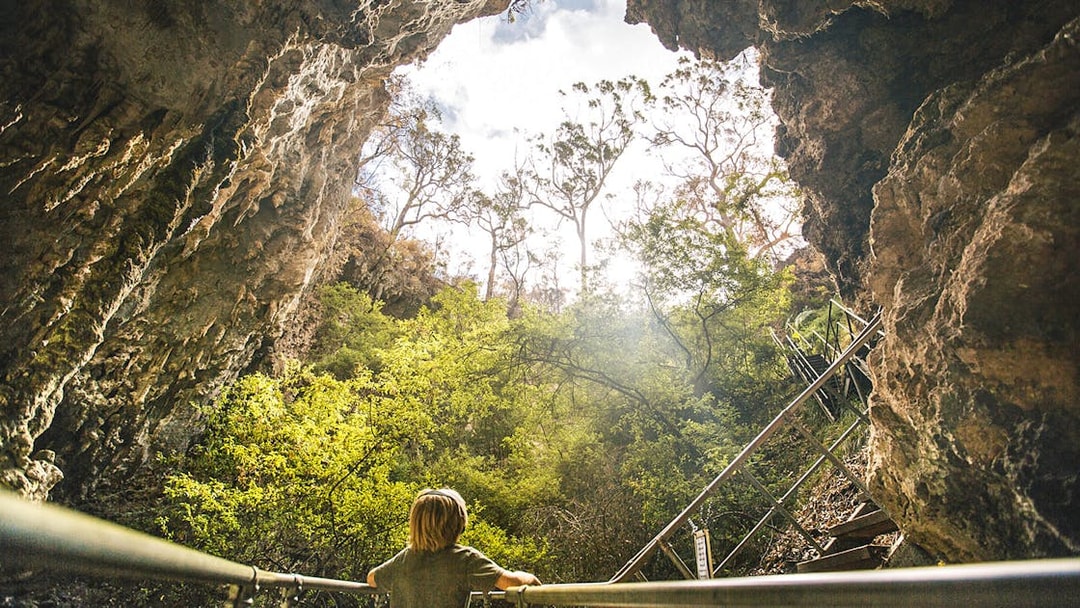Mammoth Cave entrance with trees and sunlight, Margaret River self-guided audio tour.