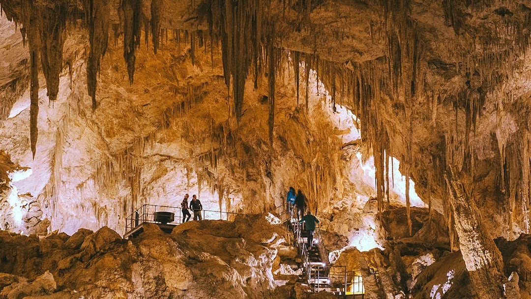 Visitors exploring stalactites in Mammoth Cave, Margaret River on a self-guided audio tour.