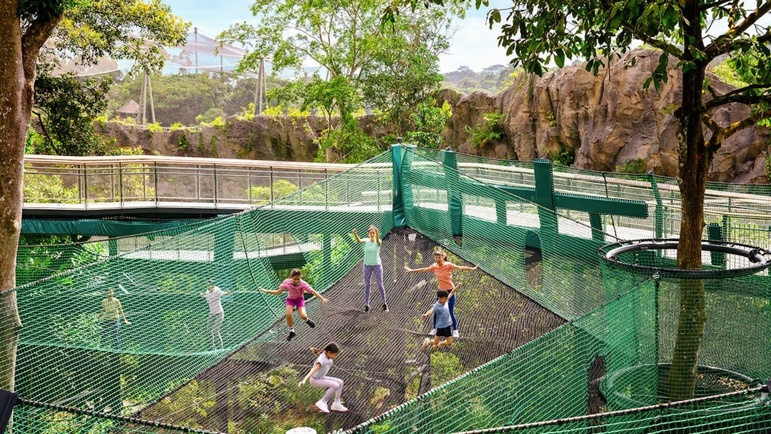 Children playing on AIA Vitality Bounce Nets surrounded by lush greenery.