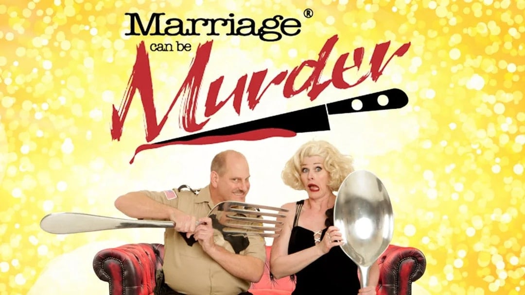 Interactive comedy show "Marriage Can Be Murder" with actors holding oversized utensils.