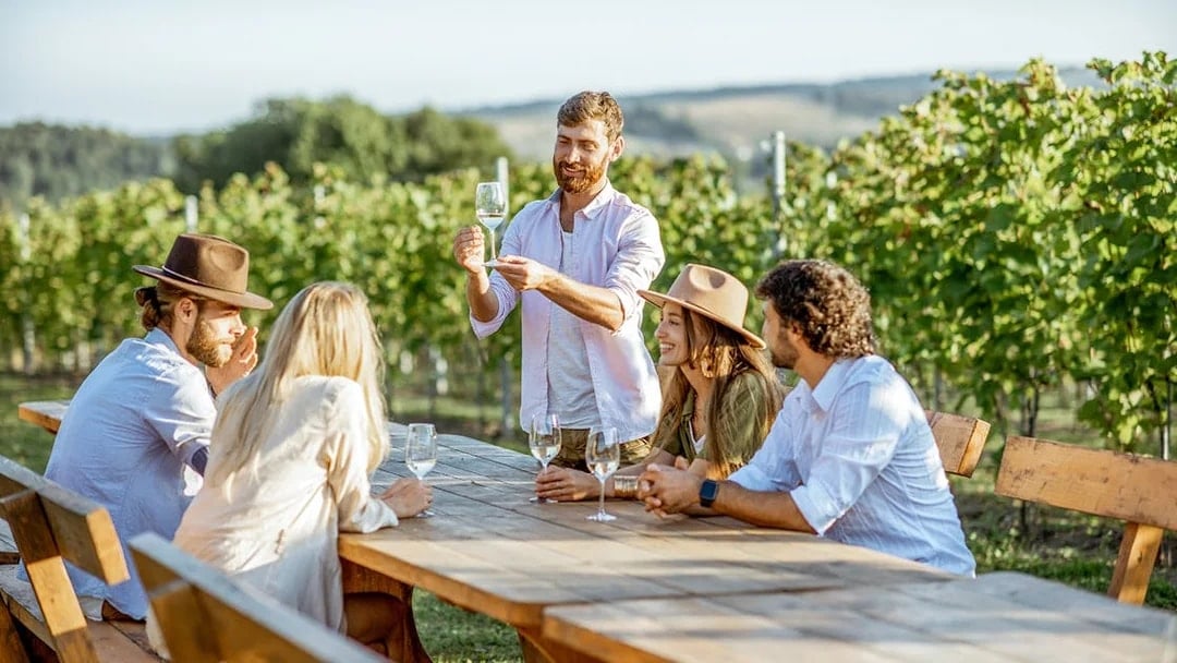 Young people enjoying wine and conversation at a vineyard table.