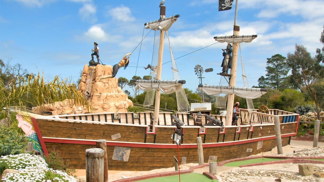 Pirate-themed playground with ship and figures at Maru Koala and Animal Park.