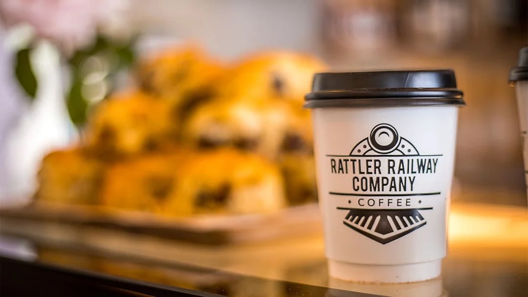 Coffee cup at Rusty Rails Cafe, Mary Valley Rattler Train.
