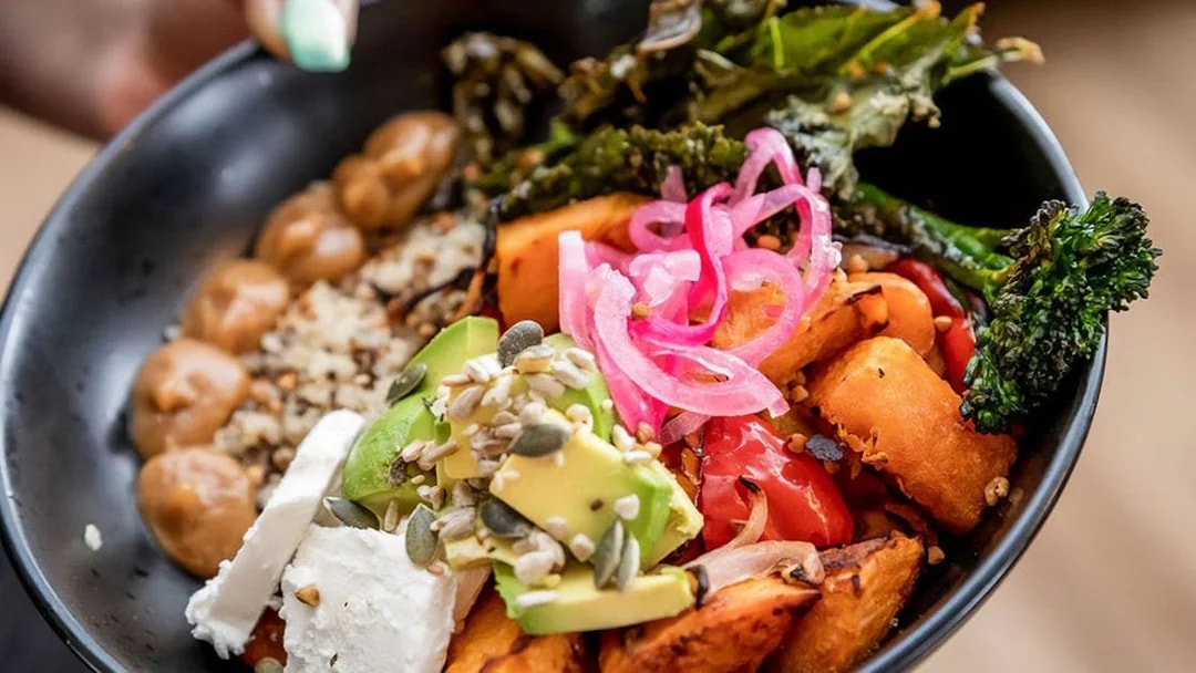 Bowl of mixed vegetables and grains served on the Mary Valley Rattler Train Experience.