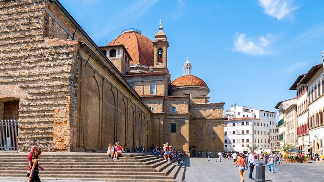 Medici Chapel exterior in Florence with visitors on steps, skip the line tickets available.